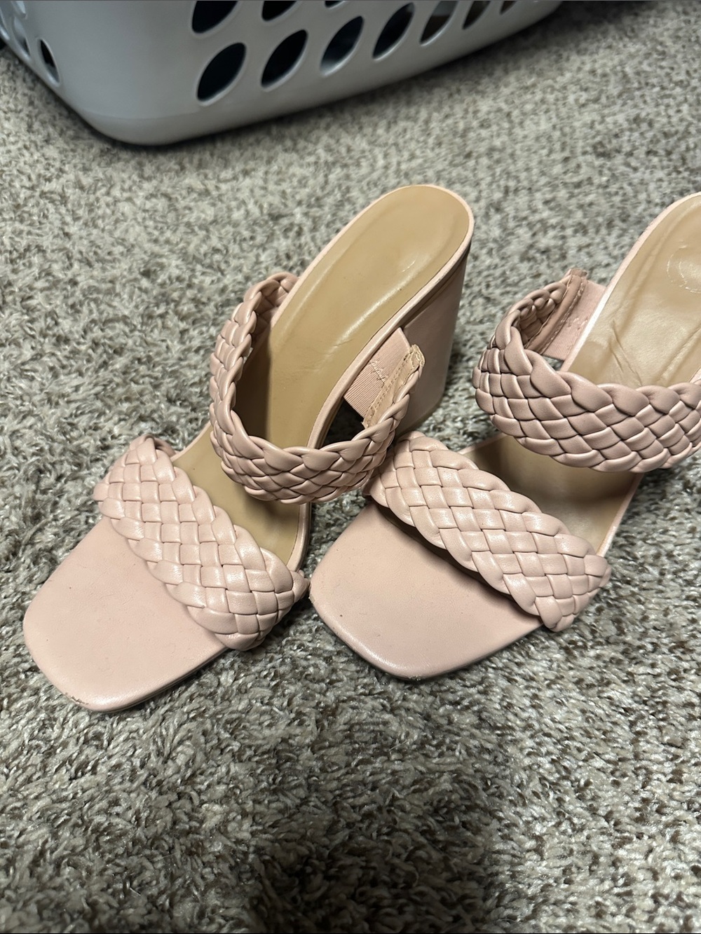 Time and Tru Blush Braided Double-Strap Heeled Mules